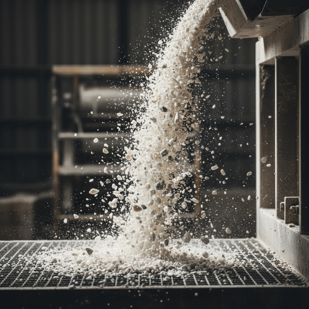 Mid-action shot of white and cream marble chips cascading and flowing against dark industrial background Mid-action shot of white and cream marble chips cascading and flowing against dark industrial background